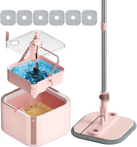 Miniatura 14 de Juego de trapeador giratorio y cubeta con 2 almohadillas de trapeador de microfibra reemplazables con sistema de separación automática de agua sucia
