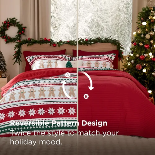 Miniatura 5 de Bedsure Edredón de Navidad tamaño Queen, edredón rojo para cama tamaño Queen, ropa de cama de Navidad con patrón de rayas de hombre de jengibre - 16