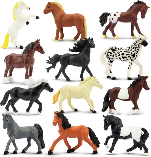 Toymany Juego de 12 figuras de caballos pequeños de 2-3 pulgadas, figuras de ponis y potros pequeños de plástico, decoración para pasteles y