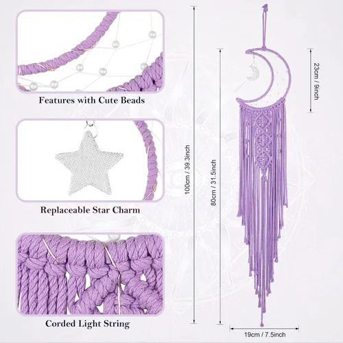 Miniatura 7 de Colgante de pared tejido de macramé bohemio para niña, atrapasueños de luna creciente y estrella de ganchillo con luz, algodón morado, hecho a mano