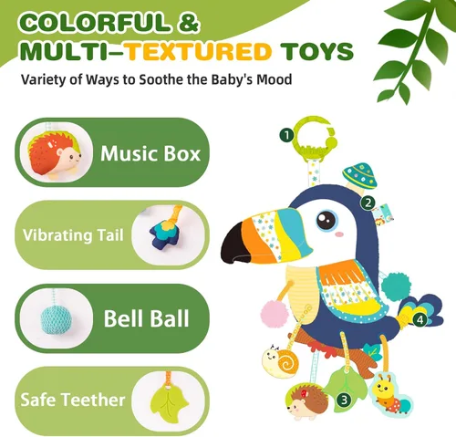 Miniatura 4 de Jollybaby Juguete colgante musical de actividad con cuerda para jalar para cochecito de bebé, asiento de coche, cuna, gimnasio de juego, juguete