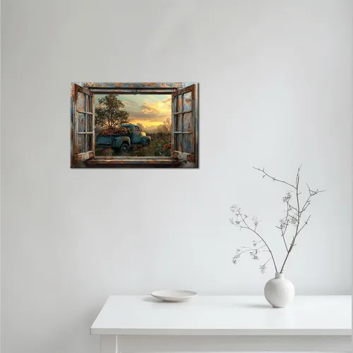 Miniatura 2 de Decoración rústica de granja en lienzo con ventana abierta, impresiones artísticas para pared, pintura de camión viejo, lienzo de granero y bandera