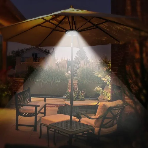 Miniatura 7 de OYOCO Luz para sombrilla de patio, 3 modos de brillo, inalámbrica, 28 luces LED a 200 lúmenes, 4 pilas AA, luz de poste para sombrilla de patio