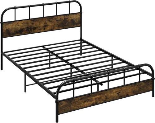 Miniatura 9 de Giantex Base de cama de metal tamaño Queen con cabecera de madera, base de cama de plataforma industrial con listones de metal resistente, base