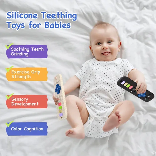 Miniatura 4 de Hooku Paquete de 2 mordedores de silicona para bebés de 0 a 6 meses, juguetes de dentición para bebés de 6 a 12 meses, juguete de control remoto