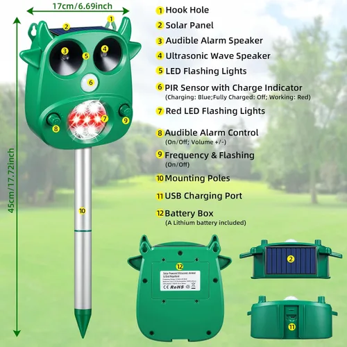 Miniatura 6 de Repelente solar ultrasónico de animales para exteriores, repelente de ciervos con detección de movimiento, luces intermitentes, repelente de gatos