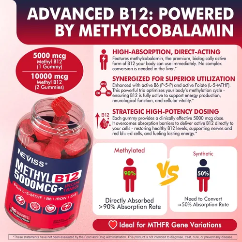 Miniatura 3 de Gomitas B12 metiladas 5000mcg/10000mcg y L-metilfolato 400mcg + hierro 18mg, B6, D3 para mujeres y hombres, vitamina metil B12 con folato