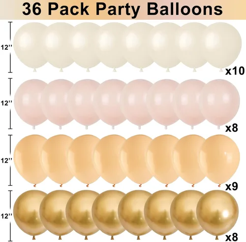 Miniatura 4 de Juego de globos dorados y de arena blanca, globos boho de fiesta de 12 pulgadas de doble relleno de color beige y rubor con globo de látex neutro