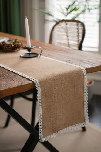 Miniatura 8 de Camino de mesa de yute natural rústico para mesa de comedor de granja con dobladillo de encaje para boda, fiesta, camino de mesa lavable, camino