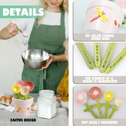 Miniatura 3 de DOERDO - Cucharas medidoras de cerámica con soporte, cucharas de medición de flores para azúcar salada, juego de cucharas en forma de maceta, Rosado