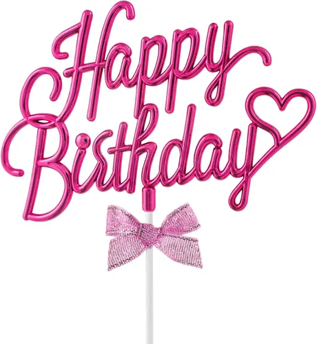 Decoración de pastel de feliz cumpleaños rosa intenso – Cartel de feliz cumpleaños 3D de doble cara para pastel con lazo, idea para decoración de