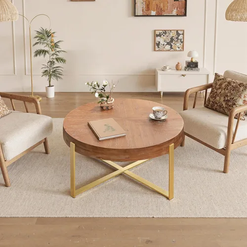 Miniatura 9 de Mesa de café redonda moderna retro con empalmes de 31.29", tablero de madera de abeto con base de patas cruzadas negras Negro (31.1 in)