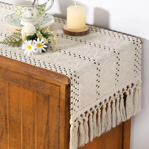 Miniatura 3 de Socomi Camino de mesa bohemio de verano rústico para comedor, cocina, centro de mesa, decoración pequeña de macramé de algodón y lino, camino