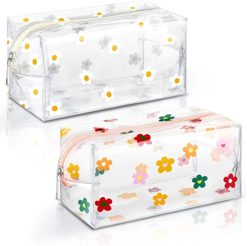 Amylove Paquete de 2 bonitas bolsas de maquillaje de flores con cremallera de margaritas, bolsa para lápices florales, bolsas de aseo portátiles