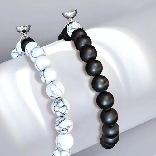 Miniatura 70 de 2 pulseras magnéticas para parejas, piedra natural negra mate, cristal para votos de amor eterno, juego de pulseras de cuentas de piedra de energía