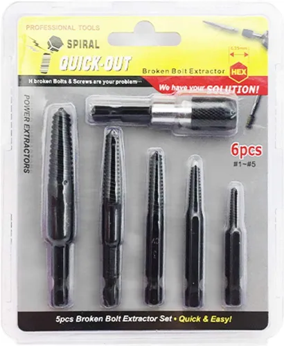 Miniatura 5 de Juego de 6 extractores de tornillos dañados, juego de extractor de pernos rotos con 1/4 de cambio rápido, kit de herramientas de rosca fina para 6