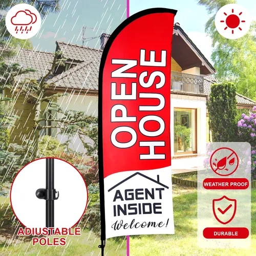 Miniatura 6 de Buryeah Paquete de 4 Banderas de Casa Abierta para Agentes de Bienes Raíces 7x5.4 Pies Letrero de Bandera Tipo Pluma con Asta de Bandera Estaca