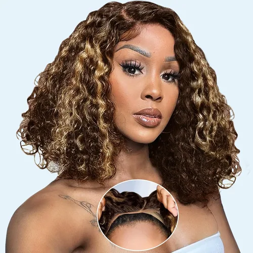 Miniatura 9 de Pelucas de cabello humano sin pegamento predepiladas precortadas Bob rizado corto con encaje frontal para mujeres negras, cierre de encaje 4x4