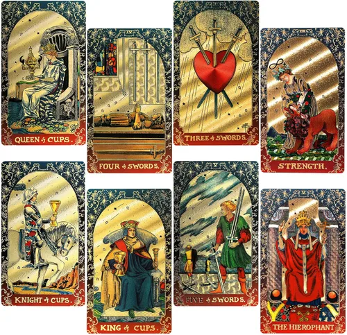 KIINO Baraja de Tarot de Lámina Dorada de 78 Cartas con Caja de Regalo, Diseño Original de Cartas de Tarot Rider Waite con Libro Guía, para