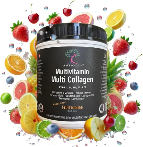Polvo de colágeno múltiple que reemplaza tu multivitamínico – Péptidos de colágeno + 27 vitaminas y minerales, probióticos, antioxidantes – Cuchara