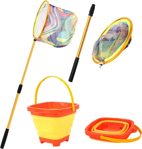 Miniatura 7 de Red de pesca para niños, red de aterrizaje telescópica con mango de poste de aluminio, cubo de arena plegable, red de mariposa para jugar al aire