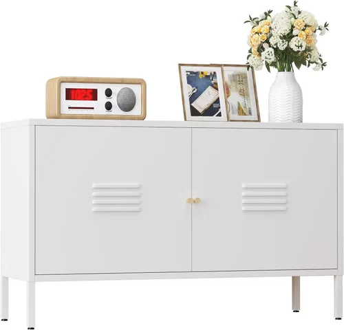 Miniatura 18 de Gabinete de almacenamiento de metal, soporte de TV de 2 puertas, armario decorativo con puertas y estante ajustable, armario de metal, mesita