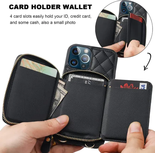 Miniatura 4 de Bocasal Funda tipo cartera cruzada para iPhone 13 Pro, con bloqueo RFID, de piel sintética, con cremallera, funda tipo cartera con función atril