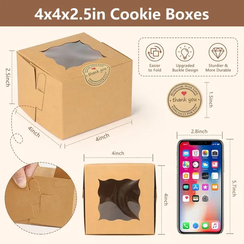 Miniatura 7 de Paquete de 80 cajas de galletas con ventana, cajas de papel kraft de 4 x 4 x 2.5 pulgadas para golosinas, postres, mini pasteles, galletas