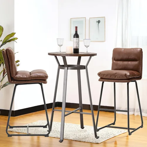 Miniatura 12 de Glitzhome Juego de mesa y sillas de comedor, mesa redonda de acero negro con parte superior de madera de olmo sólido y taburetes de bar de cuero
