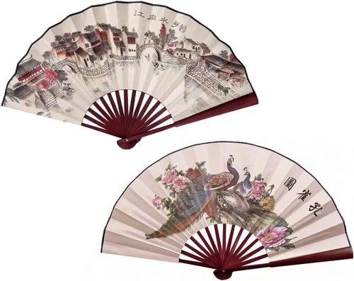 Miniatura 9 de Fox Baby 2 abanicos de mano plegables grandes, abanicos de tela de bambú de 13 pulgadas con pintura tradicional china para rendimiento, decoraciones