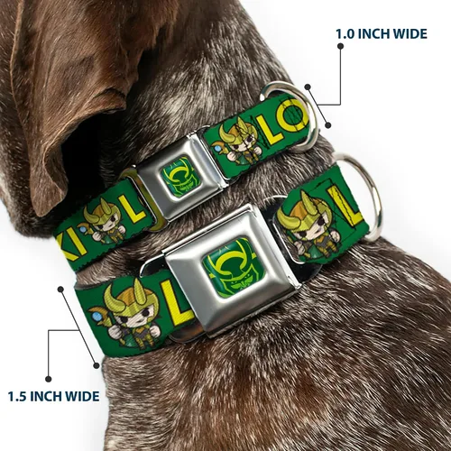 Miniatura 2 de Buckle-Down Collar de perro hebilla kawaii Loki pie pose texto verde amarillo multicolor, 1 pulgada de ancho - se adapta a cuello de 9-15 pulgadas