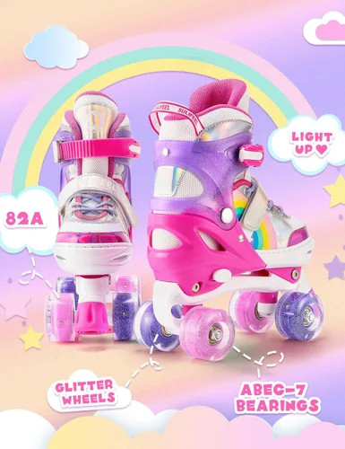 Miniatura 4 de SULIFEEL Rainbow Unicorn - Patines ajustables de 4 tamaños para niñas y niños de 3-5, 5-8, 6-12 años, patines para interiores y exteriores F rosado