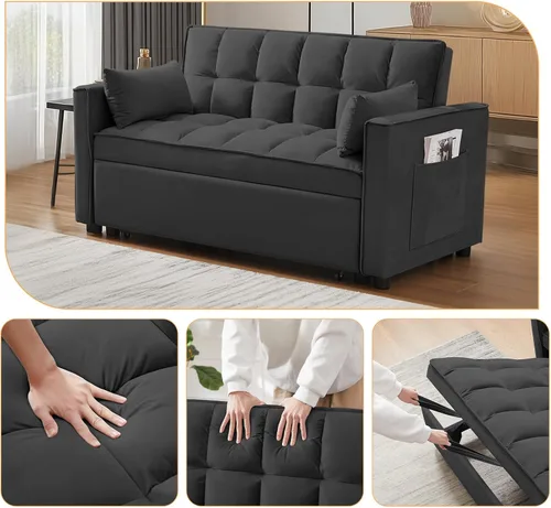 Miniatura 7 de CAPCAEK - Sofá cama convertible 3 en 1, sofá biplaza de terciopelo moderno con cama extraíble, sofá de salón pequeño con respaldo reclinable, negro