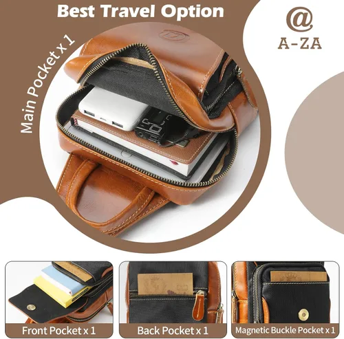 Miniatura 6 de Bolso bandolera de cuero genuino para hombre, mochila cruzada de cuero de grano completo para hombre, riñoneras, bolsa de pecho