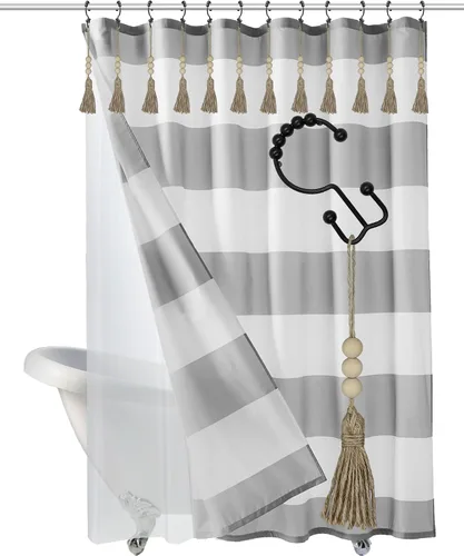 Miniatura 5 de Ganchos bohemios para cortina de ducha, anillos para decoración de baño, 12 piezas náuticas decorativas de acero inoxidable negro, resistentes a