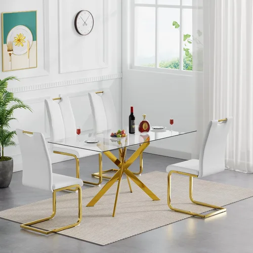 Miniatura 15 de Juego de mesa de comedor de cristal negro de 51 pulgadas para mesa de cocina de 4,5 piezas y sillas con patas de metal y 4 sillas de comedor de piel