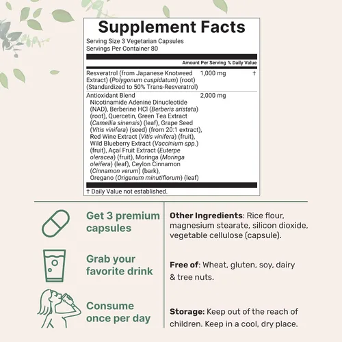 Miniatura 2 de Micro Ingredients Resveratrol NAD Complex 3,000 mg para mujeres y hombres, 240 cápsulas vegetales Alternativa de suplemento NMN Mezcla 11 en 1
