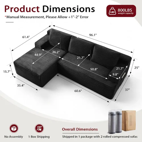 Miniatura 2 de Sofá modular moderno de 96 pulgadas para sala de estar, sofá modular tapizado, sin hueso, cómodo sofá nube con diván en forma de L