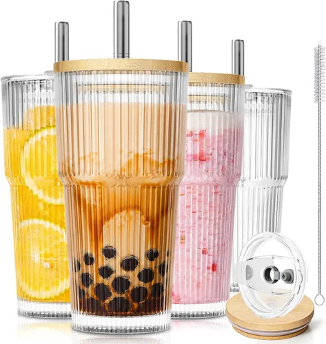 Miniatura 12 de KEMORELA Paquete de 2 vasos de vidrio acanalado de 20 onzas con tapas y pajitas de vidrio, tazas de café helado vintage, vasos reutilizables