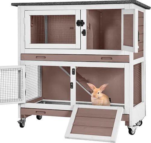 Aivituvin Rabbit Hutch - Jaula para conejitos de interior para exteriores, casa de mascotas de 2 pisos, jaula de conejillo de indias con ruedas de