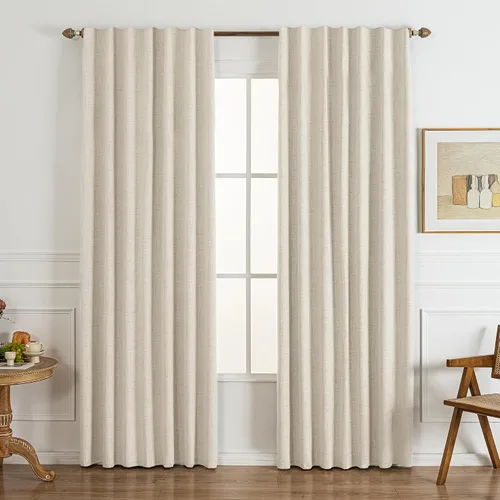 Cortinas opacas de 120 pulgadas, 2 paneles de 100% bloqueo de luz, aislamiento térmico y reducción de ruido, mezcla de lino plisado con gancho,