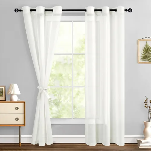 Miniatura 110 de Hiasan - Cortinas traslúcidas de gasa cortas semitransparentes con ojales y alzapaños filtrantes de luz para ventana, dormitorio, baño, 2 paneles