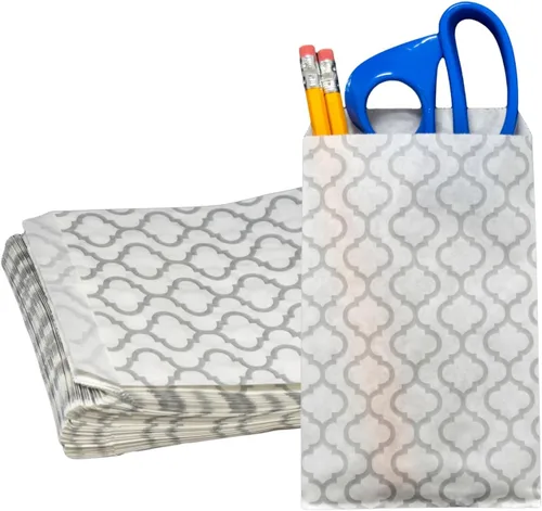 Miniatura 10 de Novel Box - Paquete de 100 bolsas planas de mercancía con estampado de cheurón azul de 4 x 6 pulgadas, elegante bolsa para regalos de cumpleaños
