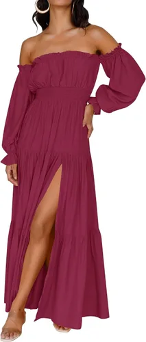 Miniatura 33 de ZESICA - Vestido largo, bohemio y sexy, con hombros descubiertos y manga larga fruncida, con elástico fruncido, cintura alta y abertura lateral