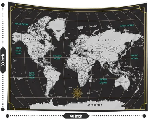 Miniatura 3 de CAPSCEOLL Tapiz de mapa del mundo para colgar en la pared, tapiz blanco y negro para decoración del hogar, 40 x 30 pulgadas, mapa para habitación