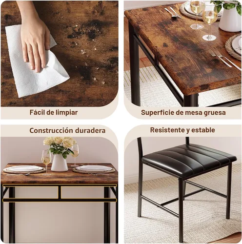 Miniatura 7 de IRONCK Juego de mesa de comedor para 2, mesa de cocina pequeña con sillas tapizadas, juego de mesa de comedor para cocina y comedor, juego de Marrón