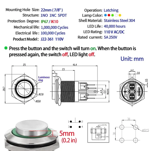 Miniatura 2 de Interruptor de botón de 0.866 in con cierre redondo alto impermeable IP67 de acero inoxidable 304 con luz LED de 110 V 120 V CA para 7/8 pulgadas