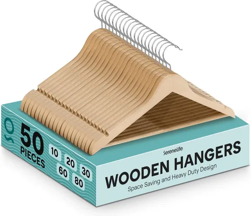 Miniatura 8 de SereneLife Paquete de 30 perchas de madera resistente – Juego de perchas de madera maciza con gancho giratorio de 360°, barra para pantalones