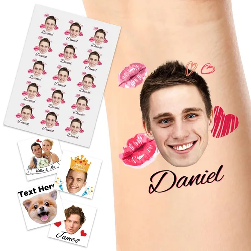 Miniatura 6 de YesCustom Tatuajes temporales personalizados con nombre, corazones de amor, tatuaje de cara falsa personalizada con foto para mujeres y hombres