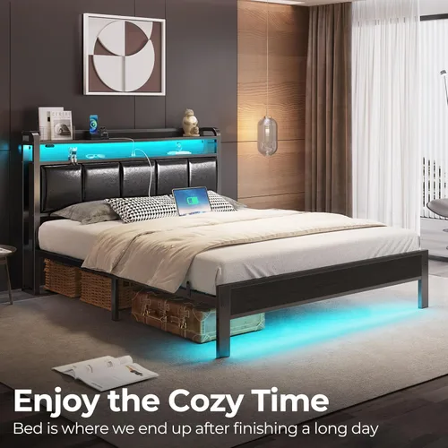 Miniatura 7 de Rolanstar Armazón de Cama Tamaño Queen con Estación de Carga y Luces LED, Cabecera de Cuero PU con Estantes de Almacenamiento, Listones de Metal